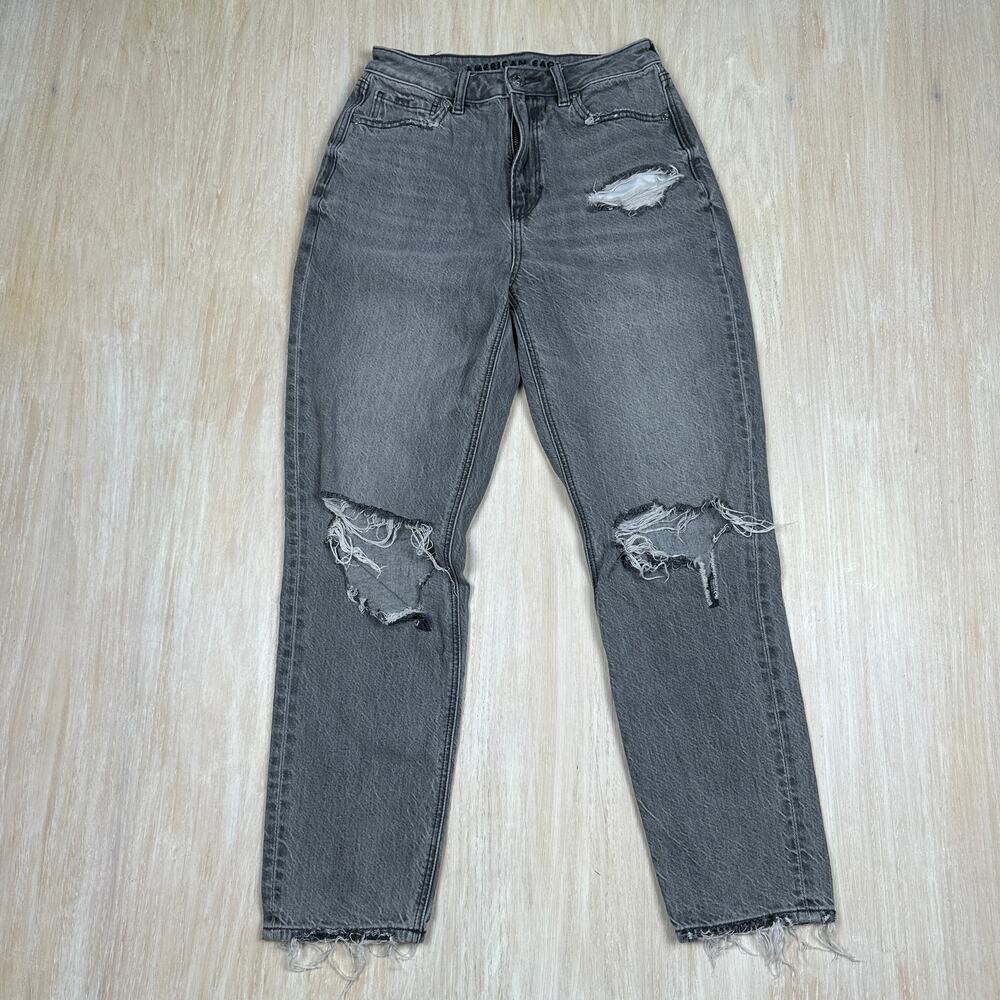 American Eagle Gray High Rise Mom Jean Raw Ankle Hem Distressed Denim Jeans 4
